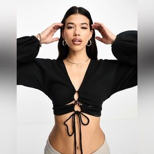 ASOS Linen Cotton Long Puff Sleeve Top Lace Up Black Deep V Front Y2K 4 S